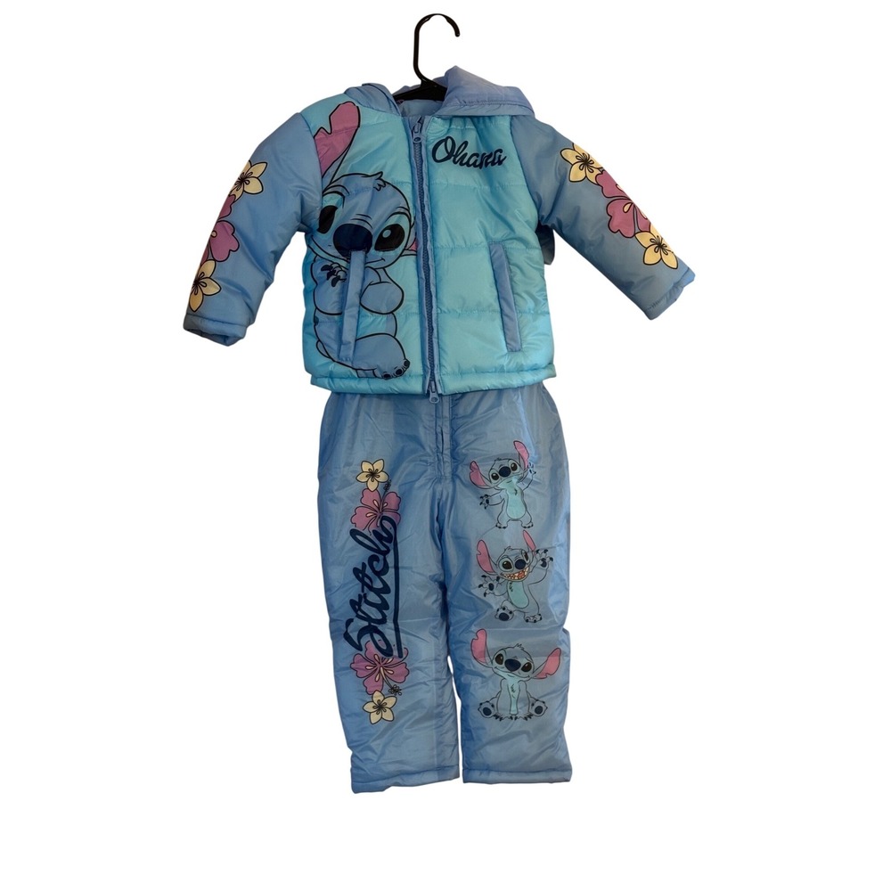 Disney Lilo & Stitch Toddler Girls Blue Puffer Jacket and Snow Bib‎ Set 2T NEW